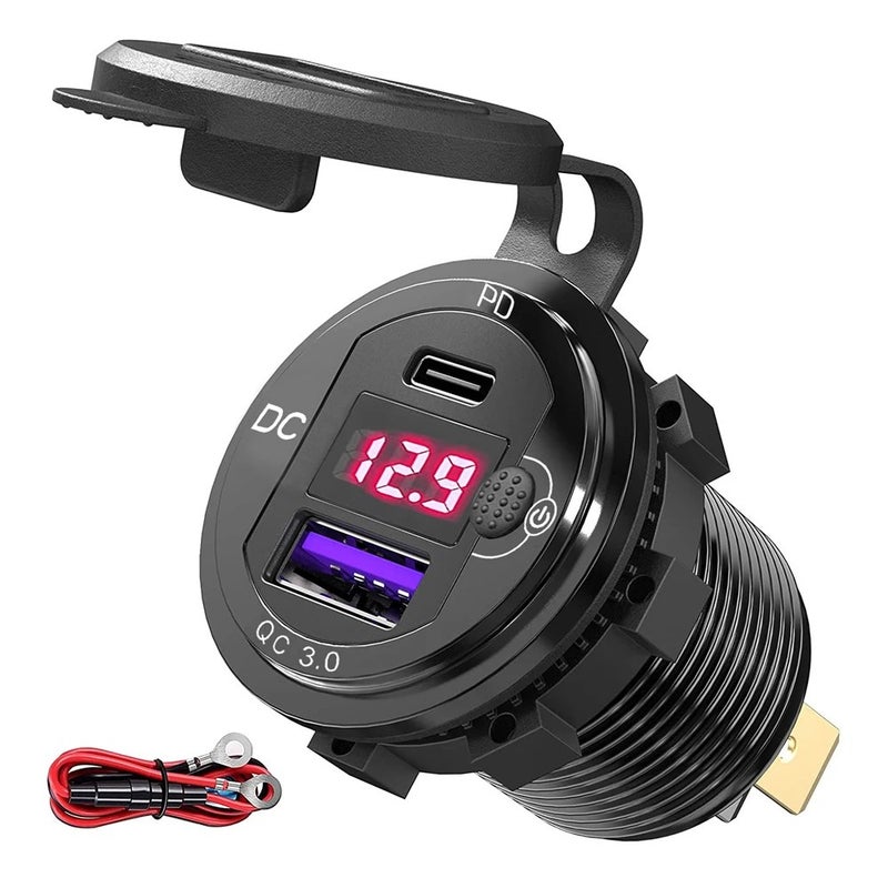 Y&D IP66 Waterproof Aluminum Alloy 12V QC 3.0 Fast Charger Dual USB & Type C Car Charger Socket, Automobile Chargers for Phone Tablet - Image 1